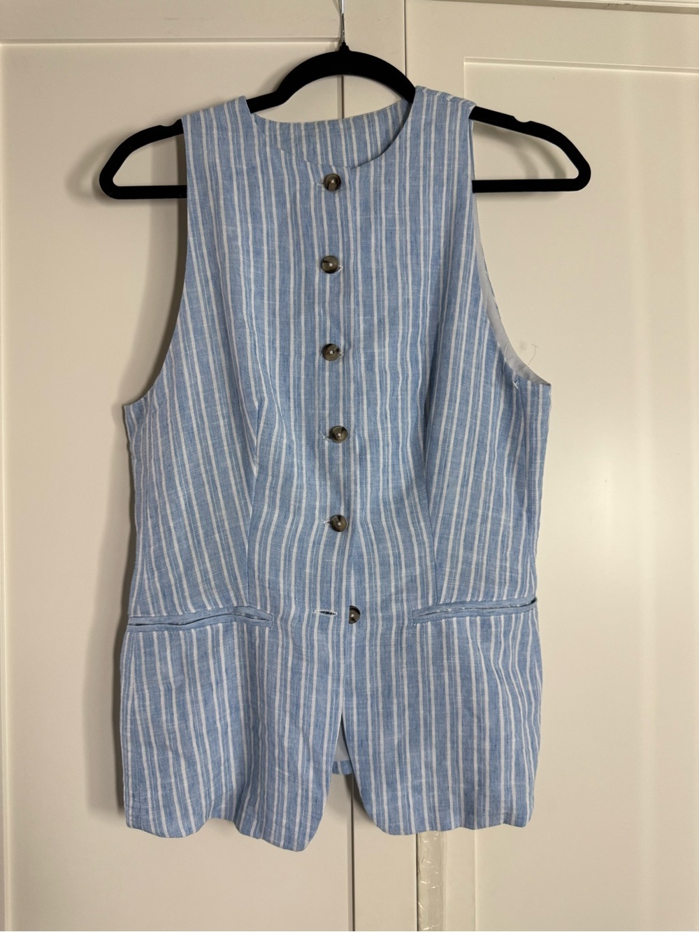 Sleeveless Blue Stripe Button-Down Vest Top